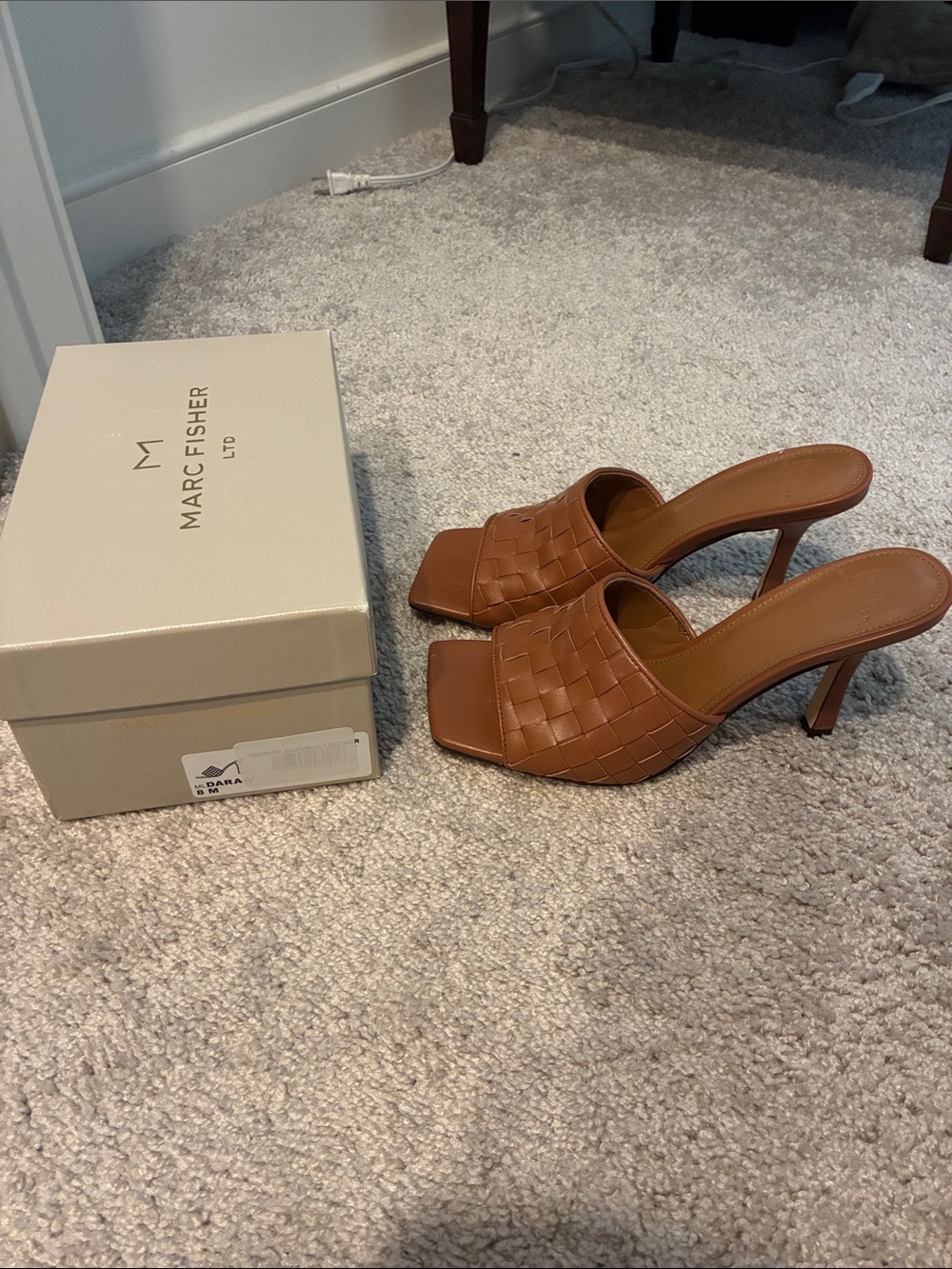 Marc Fisher Brown Woven Leather Mule Heels